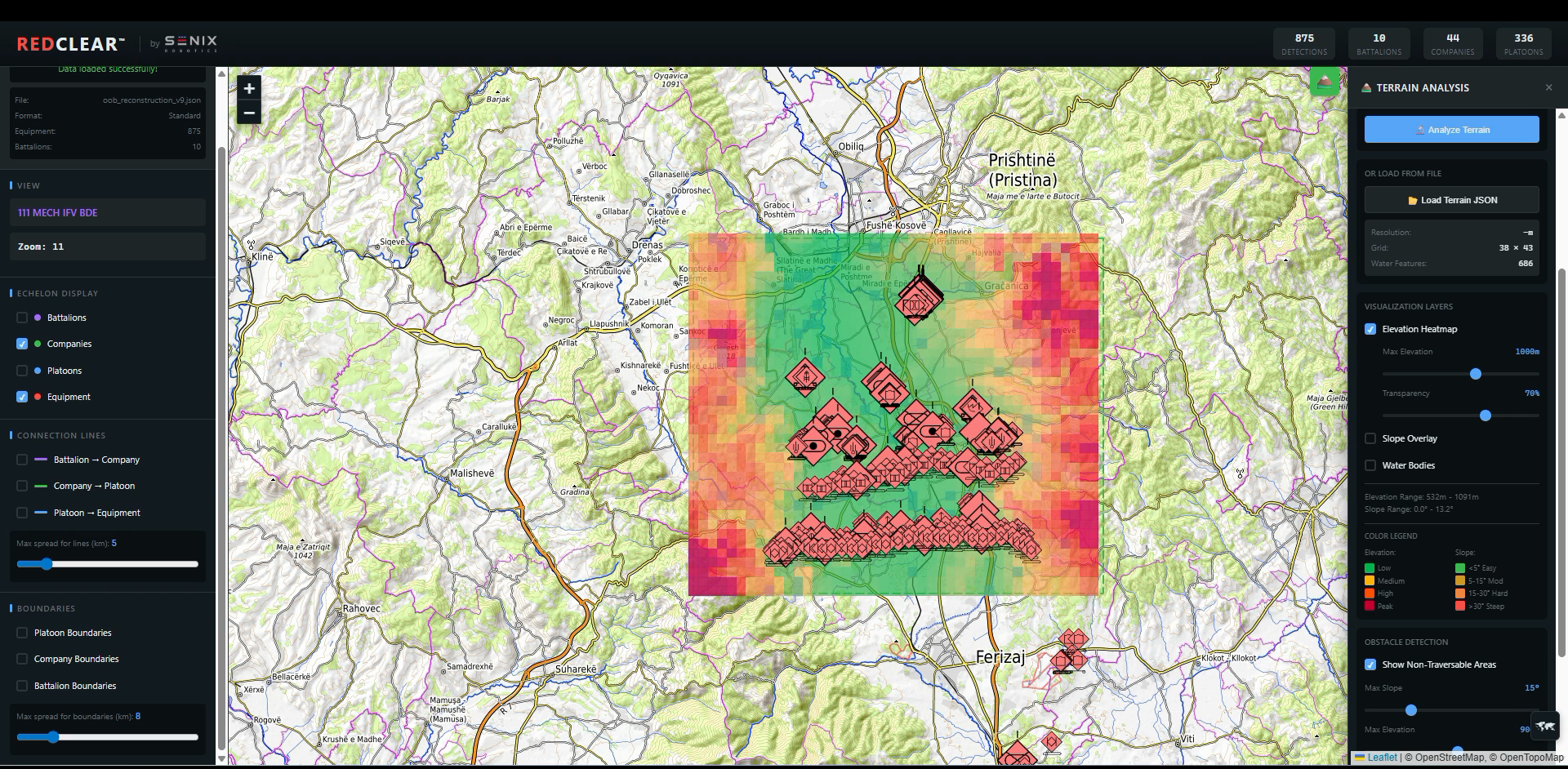 Terrain-aware Center of Mass with elevation heatmap overlay