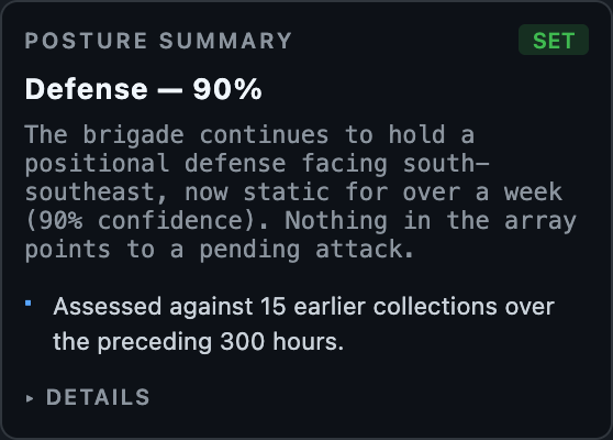AI-written commander's assessment: Defense at 90% confidence with a bottom-line-up-front headline