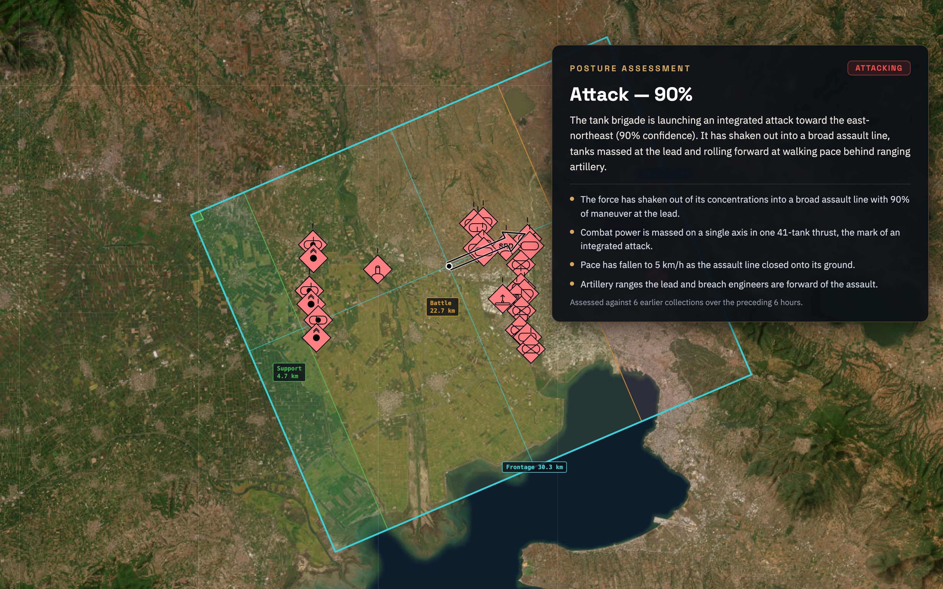 RedClear posture recognition: a tank brigade assessed as attacking at 90% confidence on satellite imagery, with zones, the formation envelope, its axis of advance, and a written assessment with key points