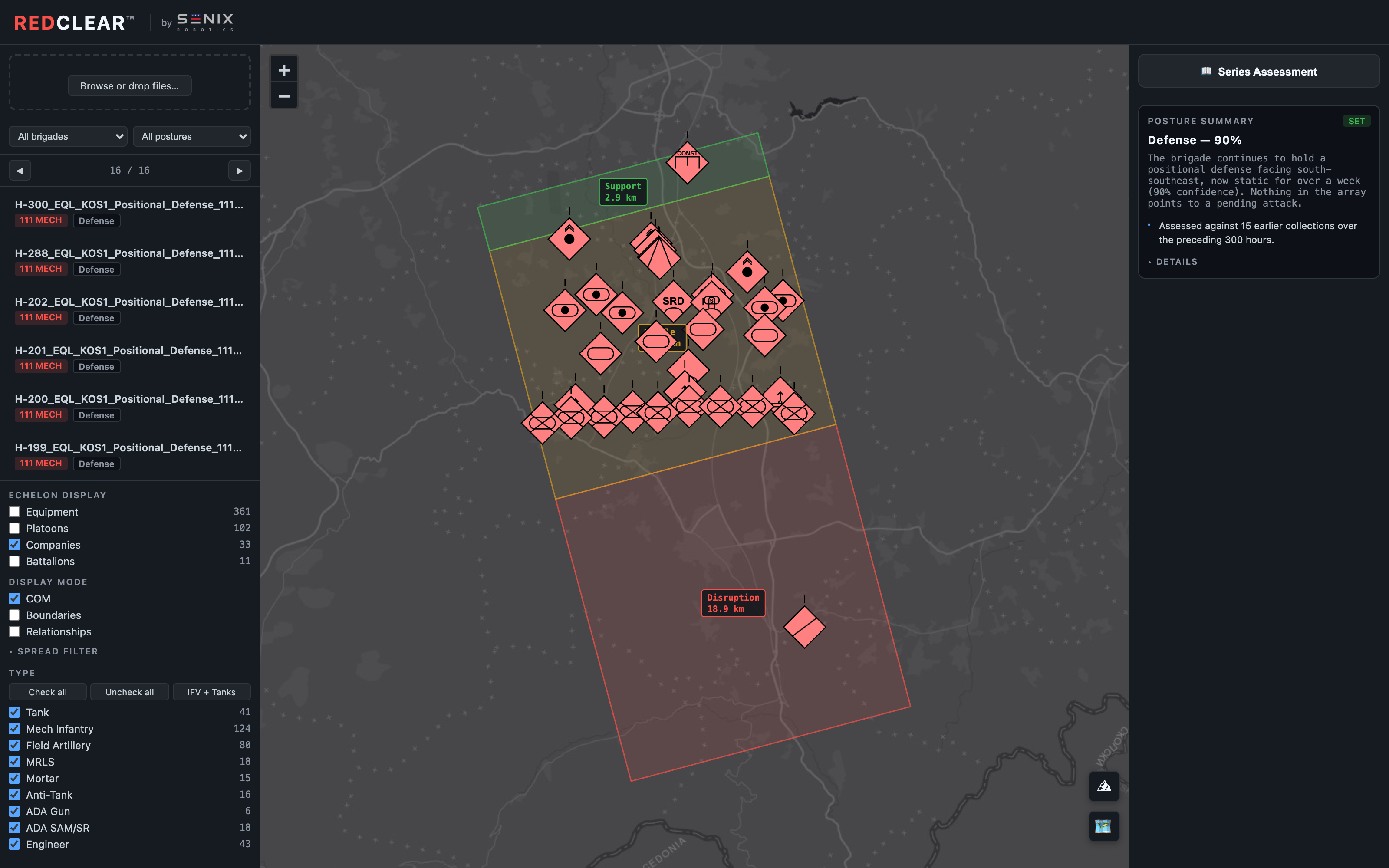 The same brigade defense on the map: disruption, battle, and support zones drawn as boundaries, with the reconnaissance screen forward of the main belts