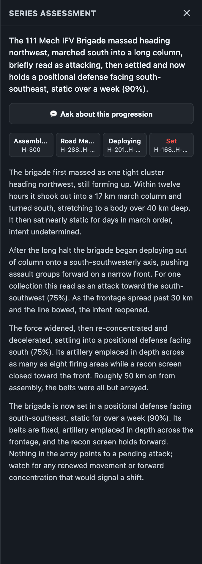 Series assessment narrating a brigade's progression from assembly through road march and deployment to a set positional defense